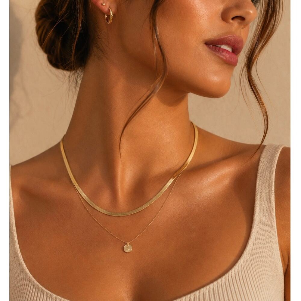 18K Gold PVD Stainless Steel Herringbone Chain Necklace 18” Minimalist Jewelry